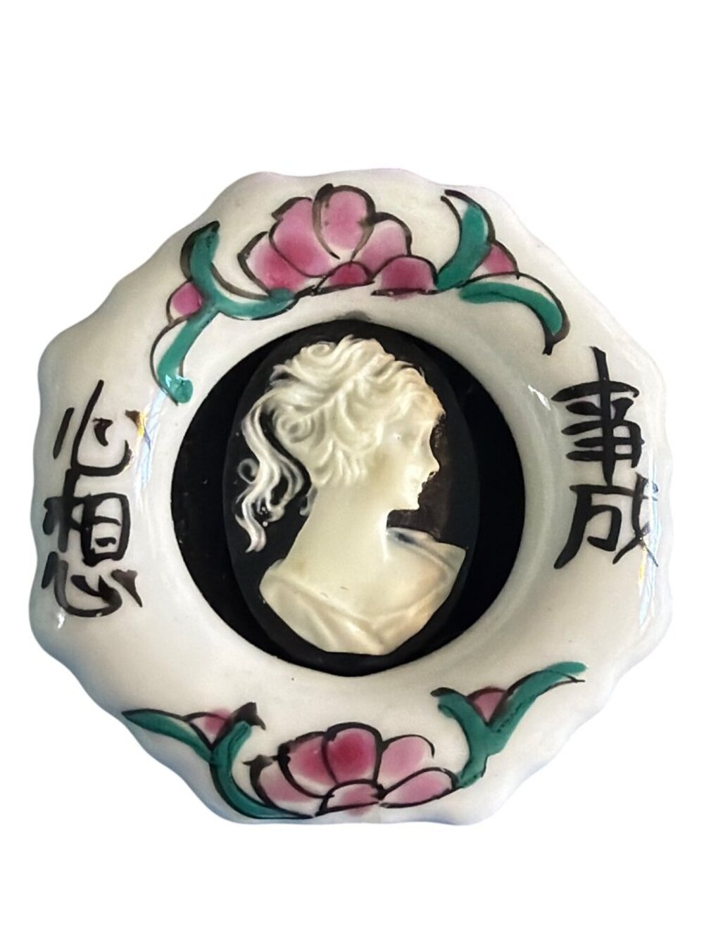 Vintage Porcelain Cameo Brooch Hand Painted Flowers Chinese Script Estate 2"